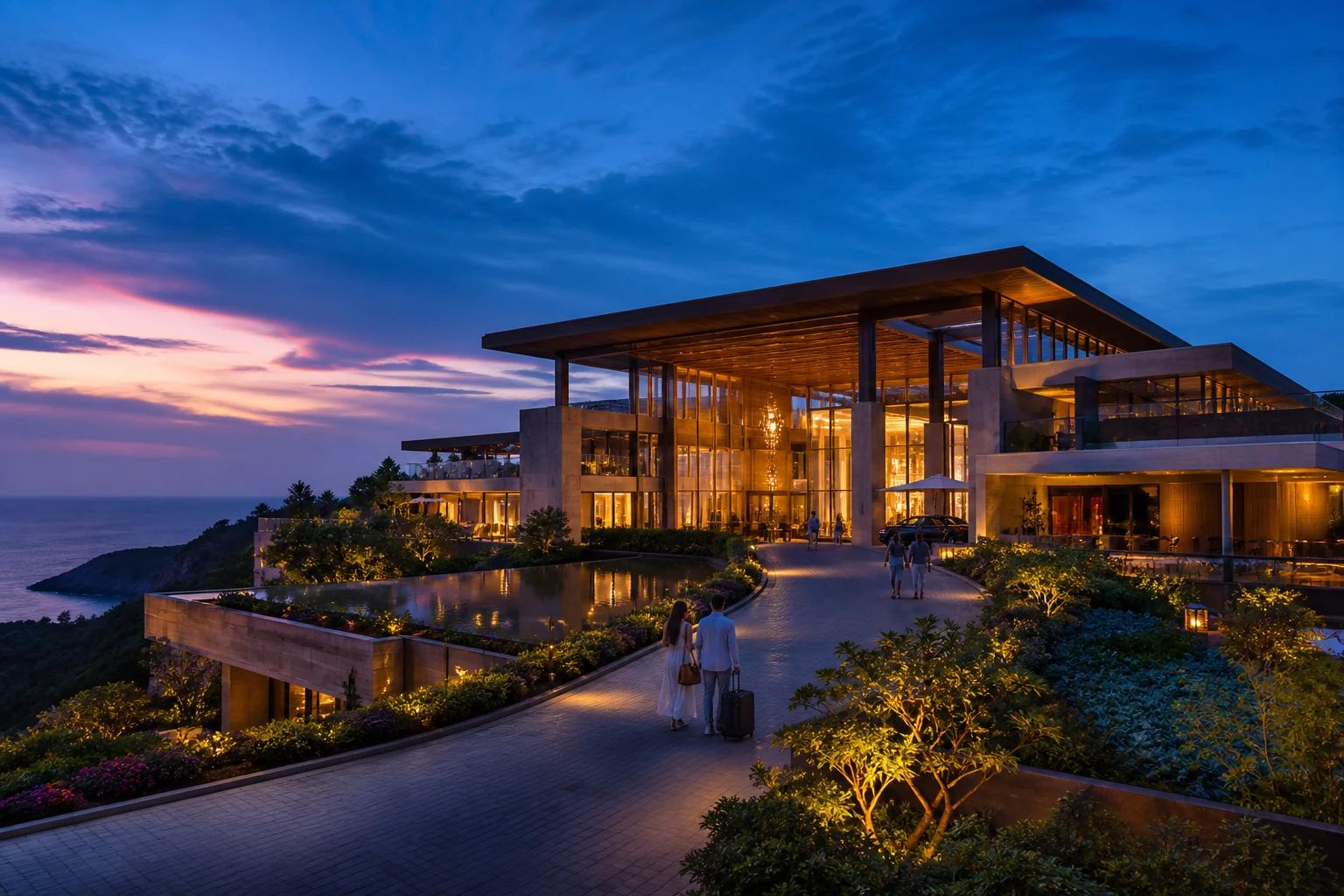 Contemporary coastal hotel glowing warmly at blue hour as travelers arrive