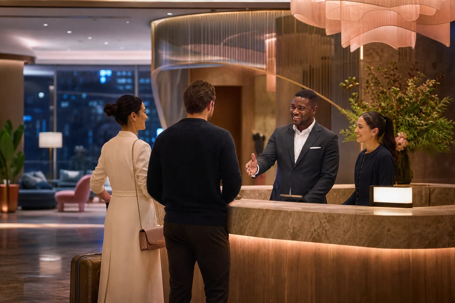 Hotel front-desk professionals warmly welcoming arriving guests