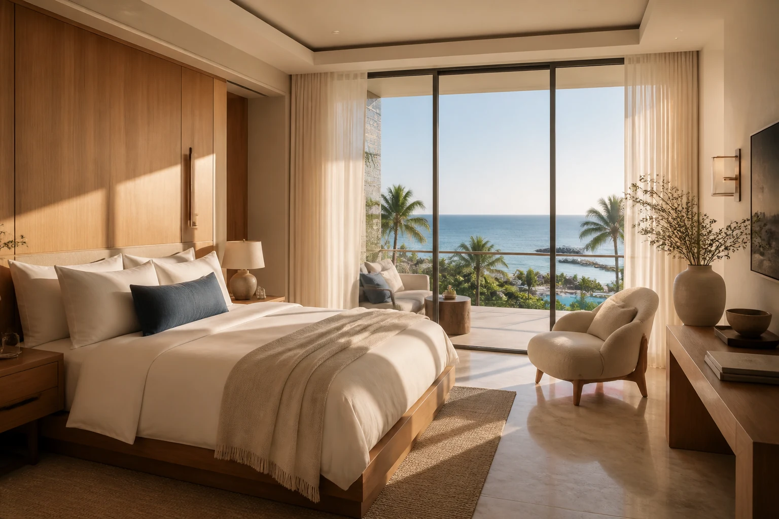 Serene contemporary hotel suite prepared for a guest with an ocean view