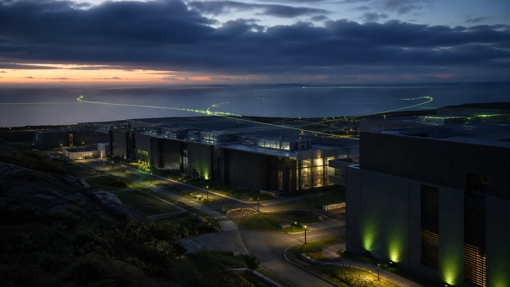 Coastal data center campus connected by illuminated global network routes at twilight