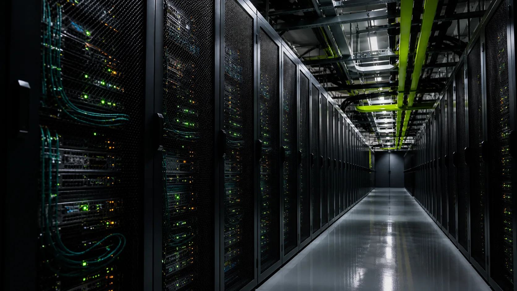Resilient data hall with redundant server rows and carefully routed fiber connections