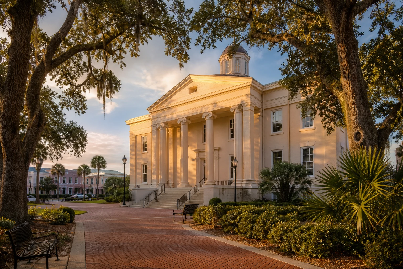 Representative coastal South Carolina civic square and courthouse setting at golden hour