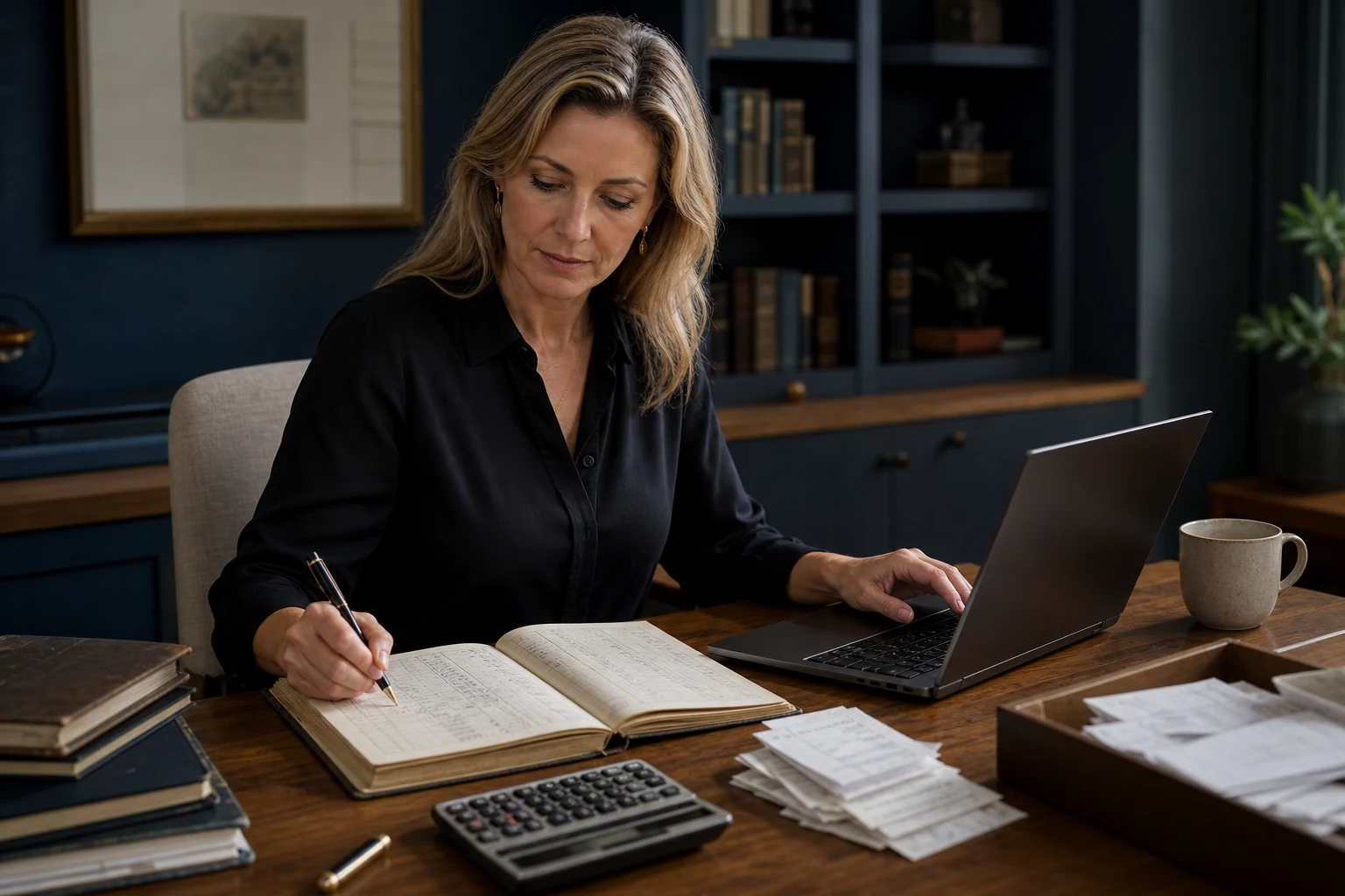 A bookkeeper working between a traditional ledger and modern laptop