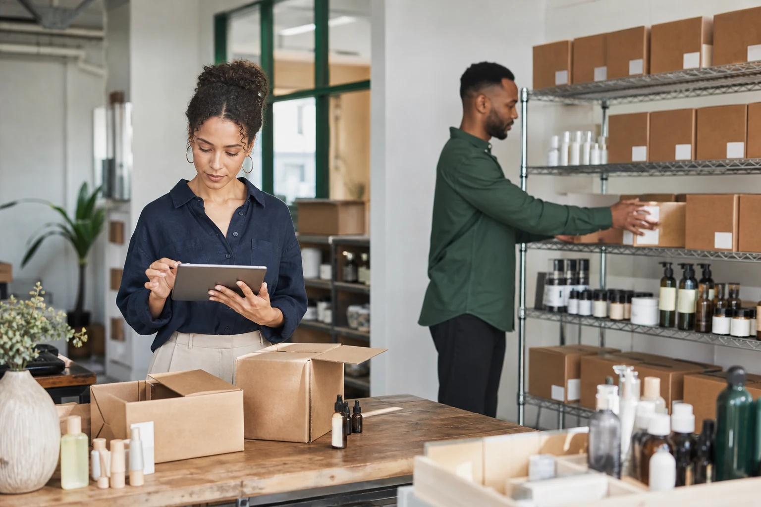 A small-business team coordinating inventory with a tablet in a stockroom